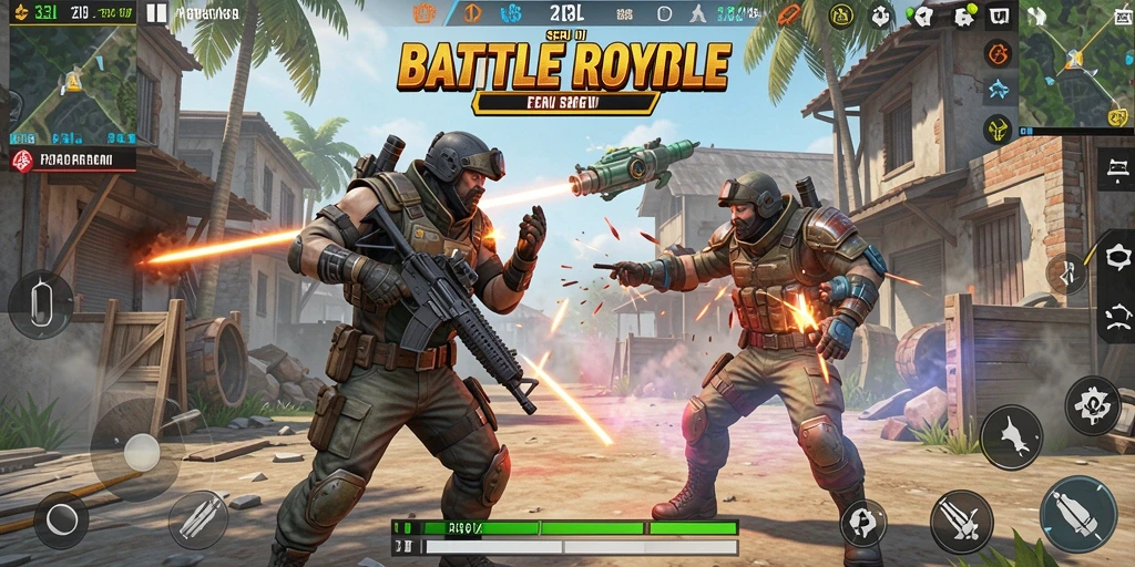 Screenshot gameplay utama 33L menampilkan aksi pertarungan Battle Royale yang intens.