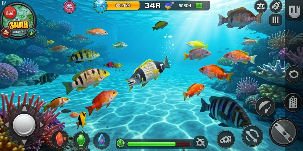 Screenshot utama 34R menampilkan aksi seru menangkap ikan.