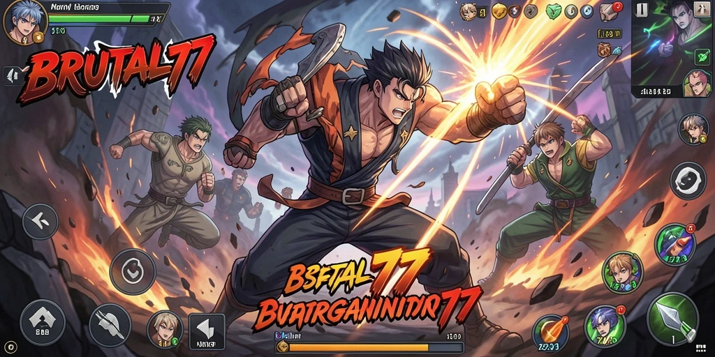 Tampilan gameplay BRUTAL77 dengan karakter Anime yang epik.