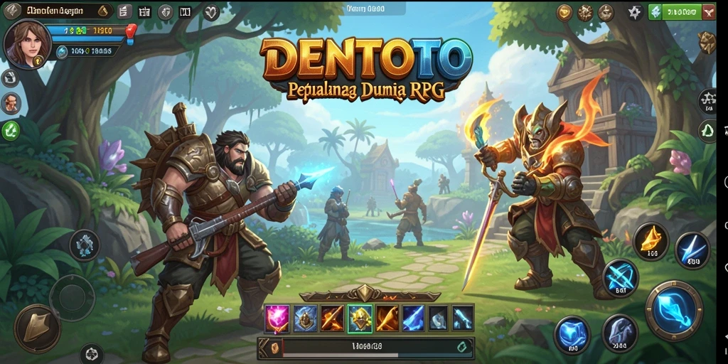 Tampilan eksplorasi dunia DENTOTO yang menawan dengan karakter berani.
