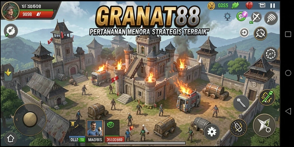 Tampilan gameplay GRANAT88 dengan pertahanan menara yang dinamis.