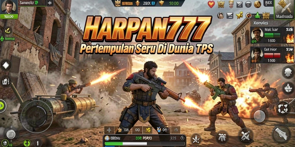 Tangkapan layar utama <strong>HARAPAN777</strong> menunjukkan pertempuran intens dalam mode TPS.