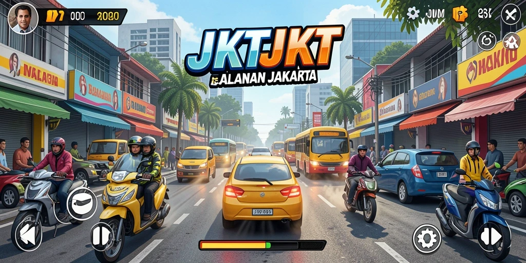 Screenshot gameplay JKTJKT menampilkan balapan mendebarkan di jalanan Jakarta.