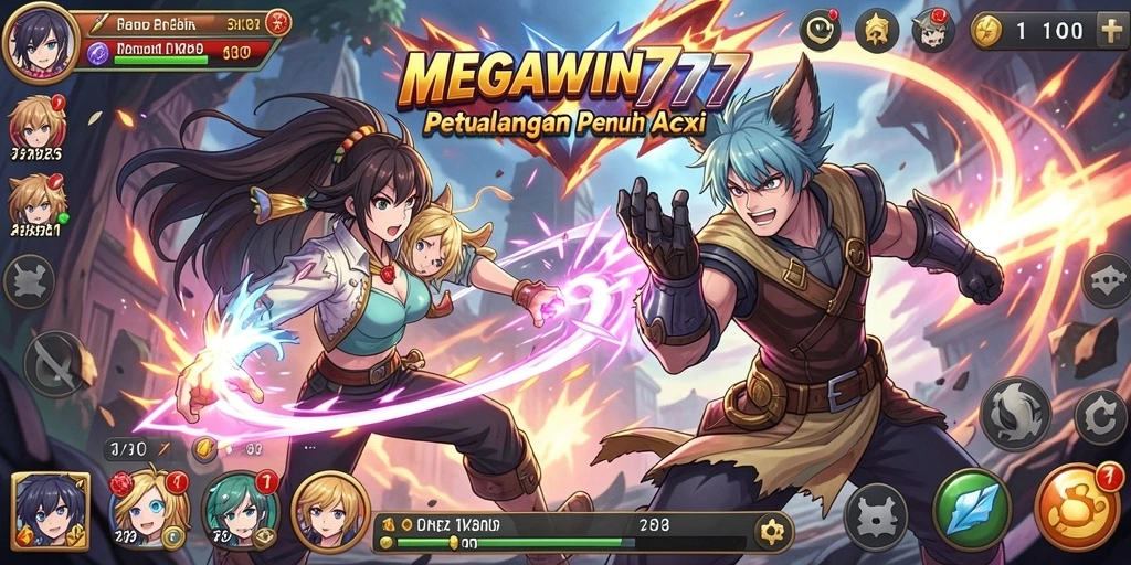 Tangkapan layar gameplay MEGAWIN777 menampilkan karakter anime yang epik bertarung di arena.