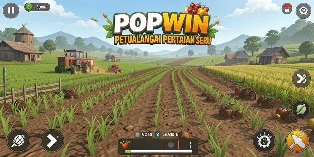 Screenshot utama POPWIN menampilkan gameplay seru bertema pertanian.