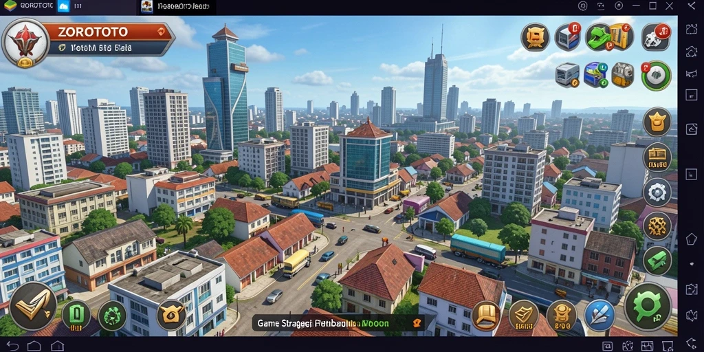 Screenshot gameplay ZOROTOTO menunjukkan pembangunan kota yang dinamis.